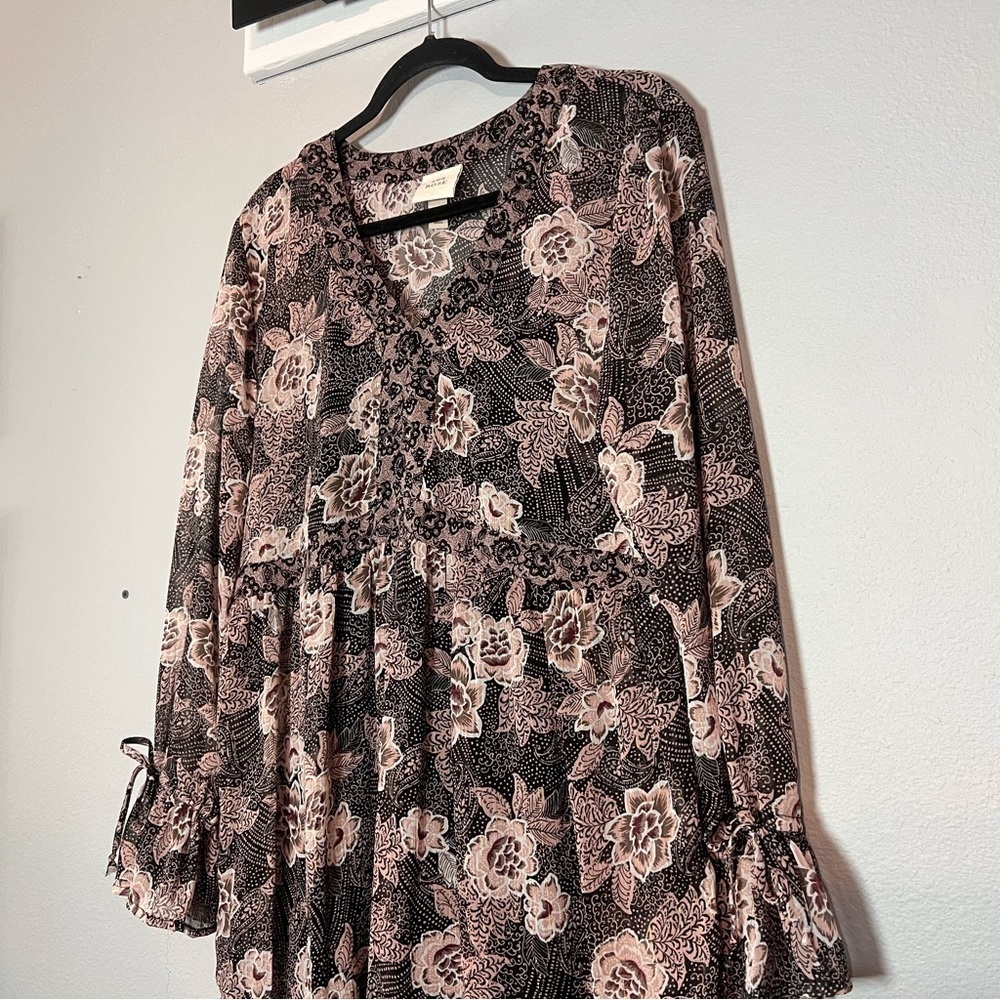 Knox Rose Mini Dress Floral Boho Long Sleeve V-Neck Size Large Brown